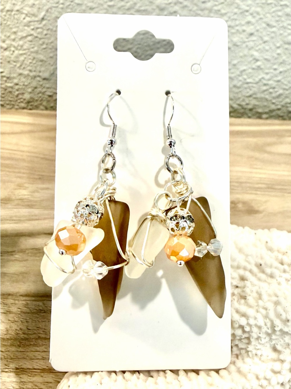 99. Handcrafted smoky and White Sea glass Earrings with Peach Accents